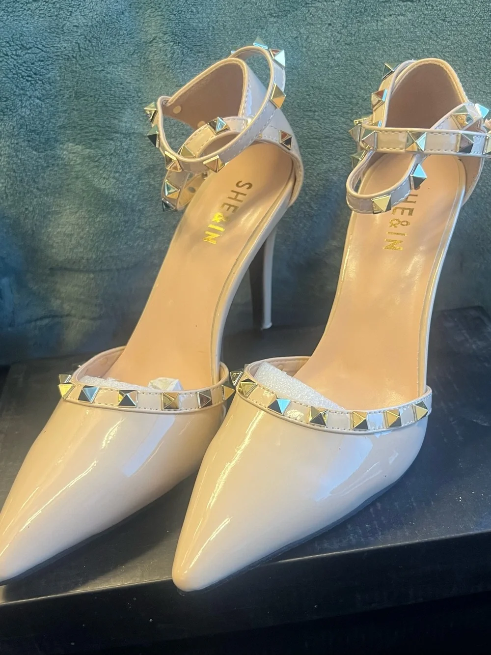 SHEIN Nude Patent Pointed-Toe Studded Ankle-Strap Heels